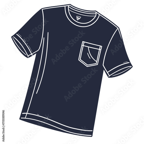 A simple dark blue t shirt with a white outline and a chest pocket is depicted in a clean graphic illustration on a white background
