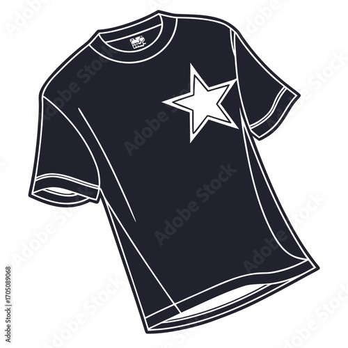 A simple dark blue t shirt with a white star graphic on the chest presented as a clean vector illustration on a white background ideal for graphic design
