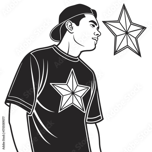 Young man wearing a baseball cap and a t shirt with a star emblem looking towards a floating star symbol in a graphic illustration style
