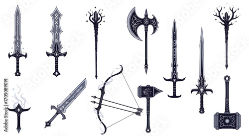 Vector illustration of collection of fantasy weapons including swords, axe, bow, and hammer