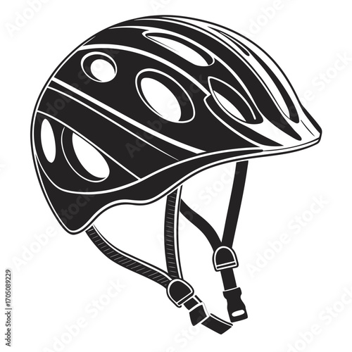 A black and white illustration of a modern cycling helmet with vents and adjustable straps for safety and protection during outdoor activities