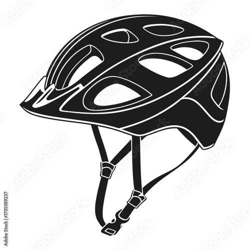 A black silhouette of a modern bicycle helmet with ventilation holes and adjustable straps isolated on a white background for safety and sport