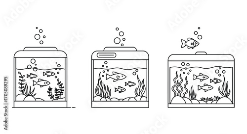 Vector illustration of three cartoon aquariums with fish and plants