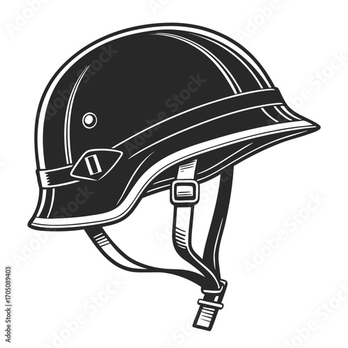 Retro military helmet with chin strap and buckle a vintage style protective headwear illustration in black and white
