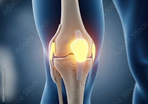 Illustration of closeup of a human knee joint with glowing areas indicating pain or inflammation against a blue background