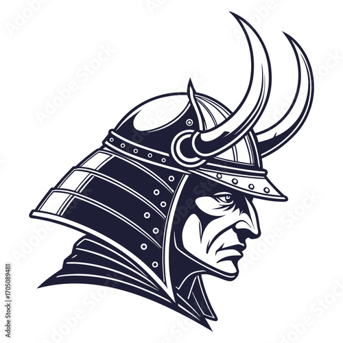Profile of a fierce samurai warrior wearing a traditional kabuto helmet with distinctive horns and armor details rendered in a bold graphic style