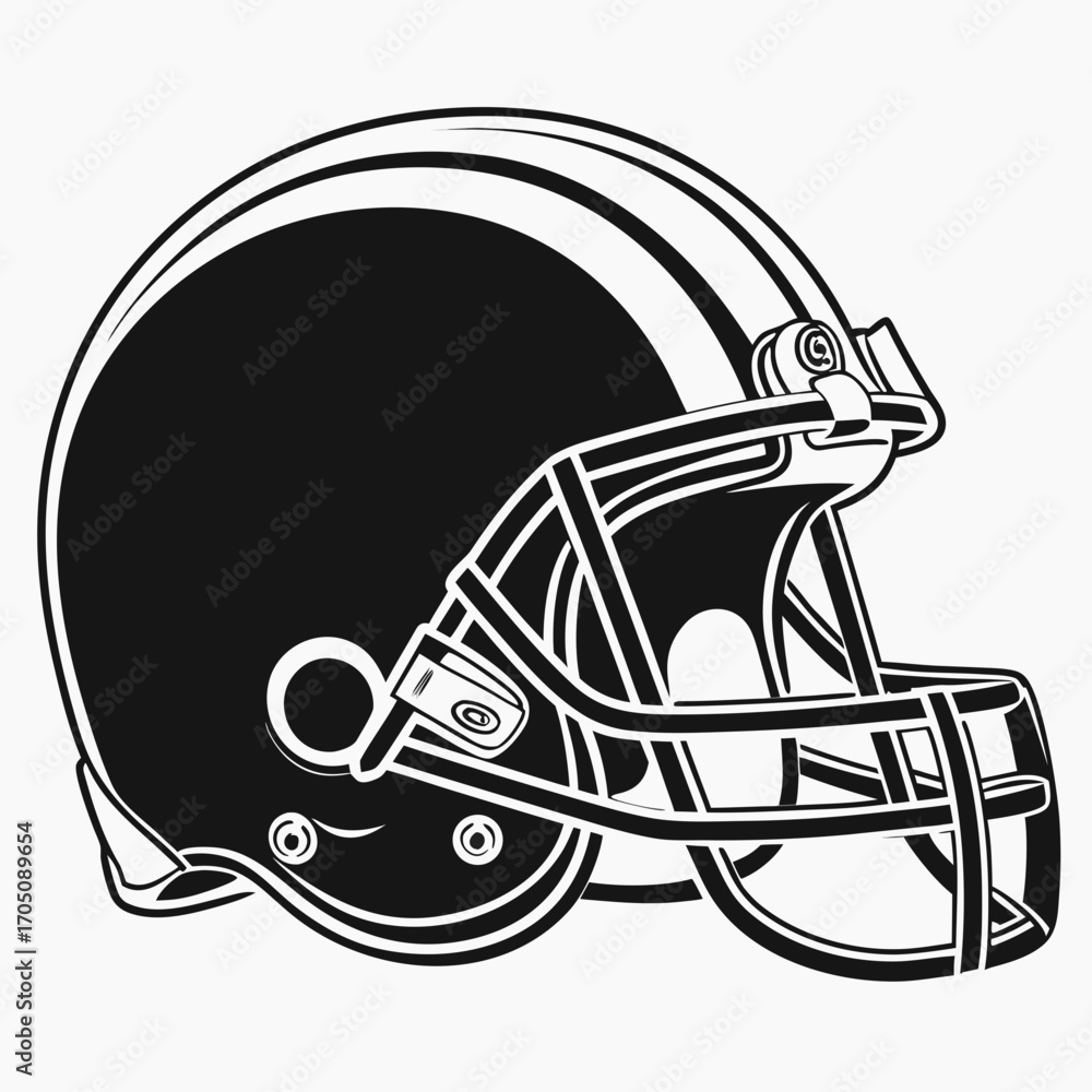 Fototapeta premium A stark black and white graphic illustration of a classic american football helmet viewed from the side with a white background