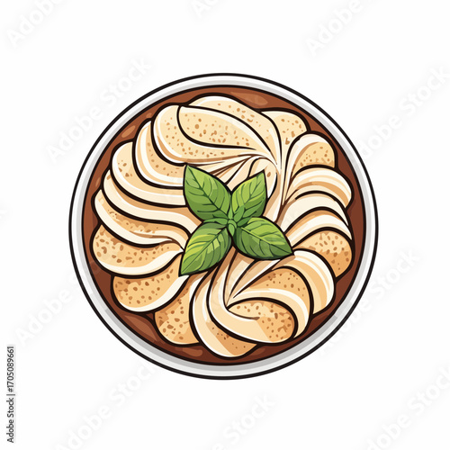 Delicious Creamy Dessert Topped with Fresh Mint Leaf, Top View Illustration