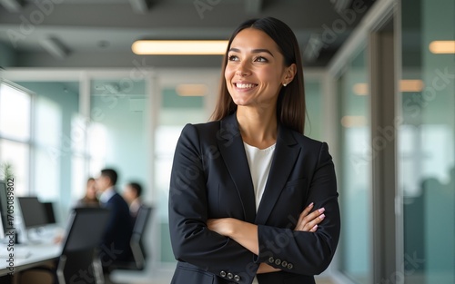 Happy confident young Hispanic professional business woman standing at work in office arms crossed looking away, proud businesswoman leader executive thinking of future career success. High quality