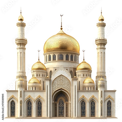 Golden Mosque: This detailed, architectural view showcases the beautiful golden dome of the mosque, standing tall with intricate detail and spiritual reverence.