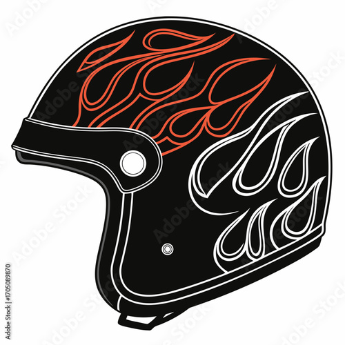 Stylish black retro motorcycle helmet with vibrant orange and white flame graphics on a clean white background
