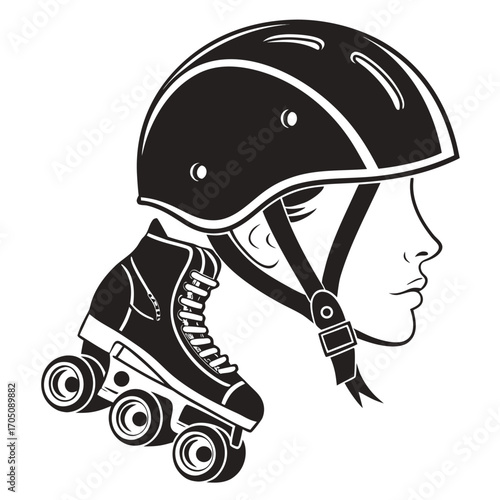 Stylized black and white illustration of a roller skate and helmet on a profile of a person s head symbolizing roller skating and safety