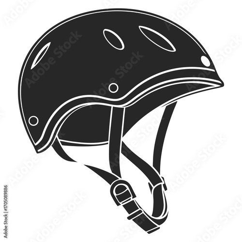 A black silhouette of a protective helmet with straps and buckle isolated on a white background representing safety and sports equipment