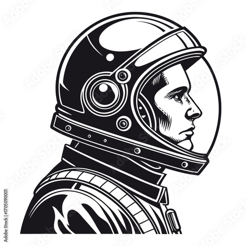 Stylized black and white illustration of an astronaut s profile wearing a retro futuristic helmet and suit conveying a sense of exploration and adventure