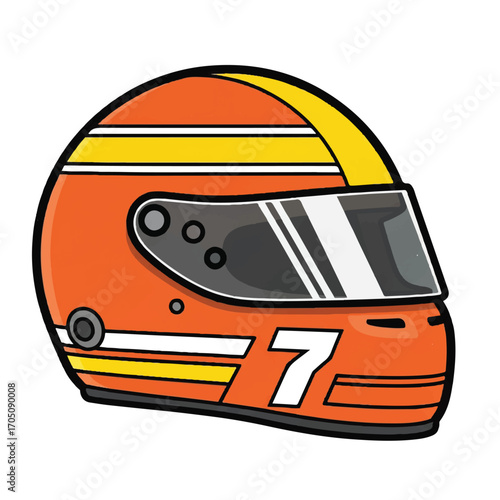 A cartoon illustration of a bright orange racing helmet with yellow stripes and the number 7.