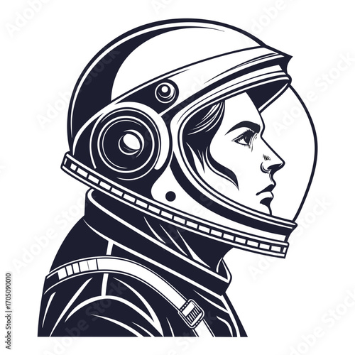 Profile illustration of a female astronaut wearing a retro style helmet and suit looking forward with determination and wonder into the unknown