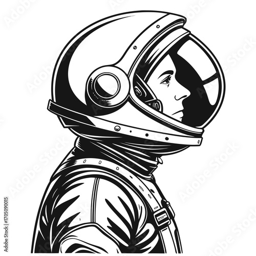 Profile of a determined female astronaut wearing a vintage style helmet and suit looking towards the future with hope and courage