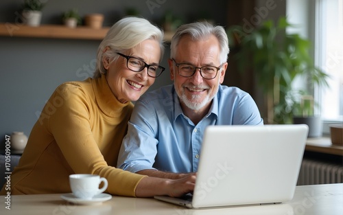 Happy mature older couple using laptop technology at home. Smiling middle aged senior man working on computer sitting at table with wife standing nearby in living room. Vertical candid shot.
