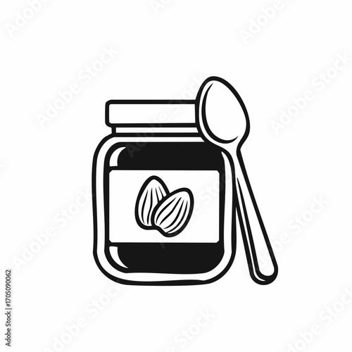 Minimalist black and white icon of a jar of almond butter with a spoon, symbolizing natural nut spread, healthy eating, and nutritious breakfast food