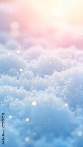 Soft, fluffy clouds float serenely in a tranquil, ethereal sky, creating a dreamy, visually stunning scene.