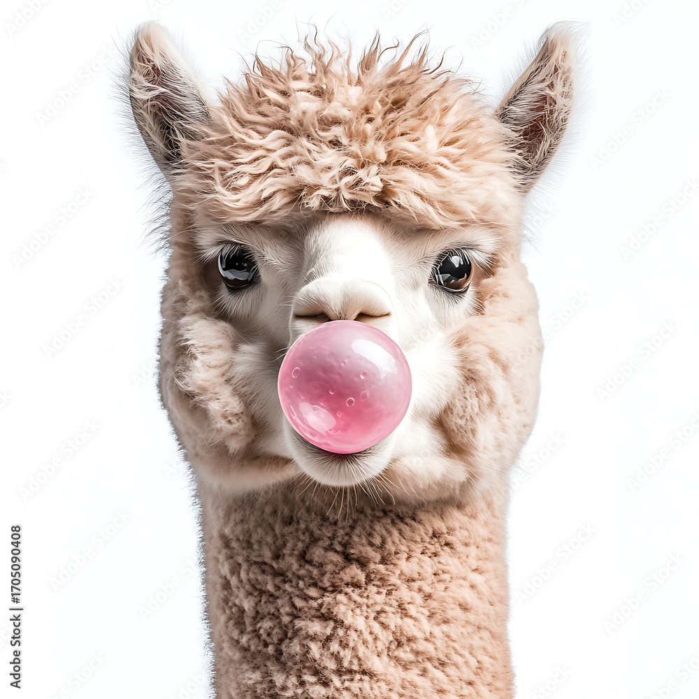 Cheeky Alpaca with Bubblegum: A charming alpaca, showcasing a playful side by blowing a vibrant pink bubblegum bubble. This image captures the unexpected and whimsical nature. Cheeky Alpaca with Bubblegum: A charming alpaca, showcasing a playful side by blowing a vibrant pink bubblegum bubble. This image captures the unexpected and whimsical nature.