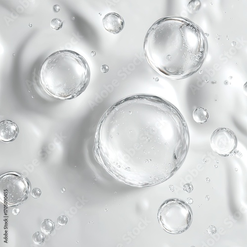 Close-up of translucent spheres suspended in a creamy white liquid, exhibiting light refraction and varied sizes