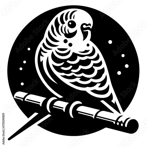 Illustration of a budgerigar perched on a branch against a circular black background with white dots