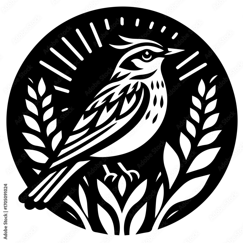Obraz premium Illustration of a bird perched among wheat stalks inside a circular frame in black and white design