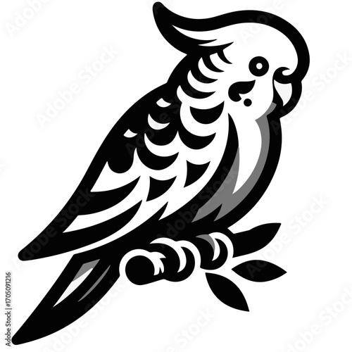 Stylized black and white illustration of a budgerigar perched on a branch looking to the left