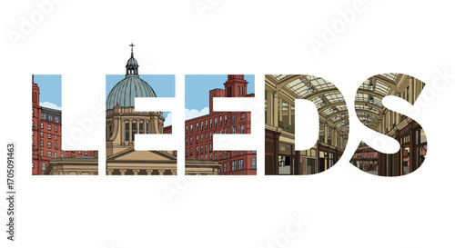 Leeds with England Architectural Text Illustration, and Cityscape.