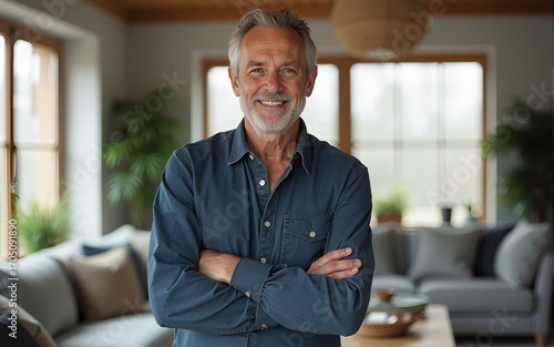 Happy confident middle aged senior man standing with arms crossed at home. Smiling older mature 50 years old handsome man looking at camera posing in modern house living room. Vertical portrait.