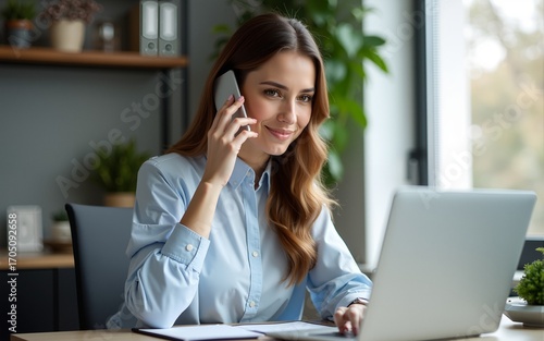 Busy young woman sales manager talking on cell phone using laptop working online on computer. Female professional entrepreneur making call consulting customer on mobile selling services in office.