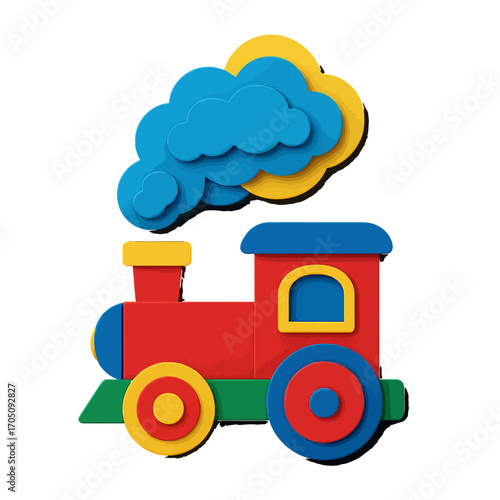 Colorful toy train with blue cloud in 3d pop art style