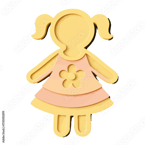Cute layered paper art of a girl with pigtails and flower dress in soft colors