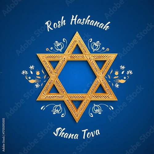 Golden star of david with rosh hashanah greetings on blue background
