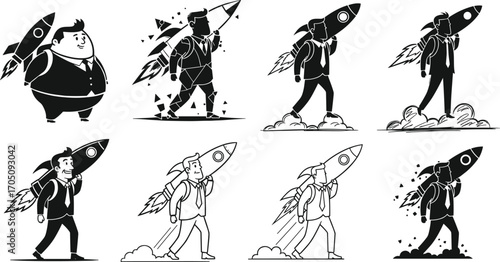 Businessmen with rocket backpacks, startup growth concept, career success, innovation, ambition, professional progress, fast advancement, entrepreneurial journey, business acceleration illustrations