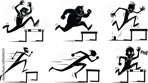 Cartoon athletes jumping hurdles, race competition, running action, sports challenge, funny runners, athletic training, motion speed, fitness illustration