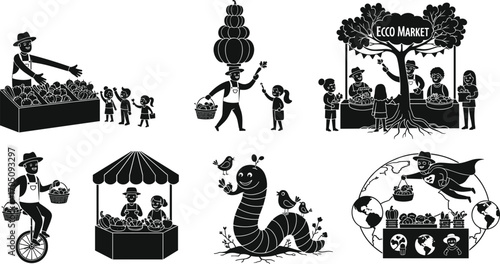Cartoon eco farmer market, kids learning sustainability, organic food stand, vegetable mascot, composting worm, global green farming concept