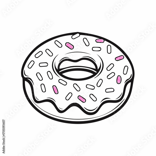 Stylized black and white vector illustration of a sweet frosted donut with colorful pink sprinkles, a classic bakery treat perfect for celebrating joy and indulging in a delicious dessert
