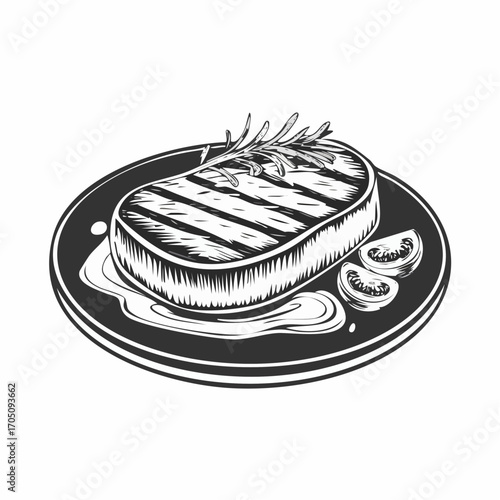 Grilled Steak with Rosemary and Tomato Slices on a Plate Delicious Food Illustration