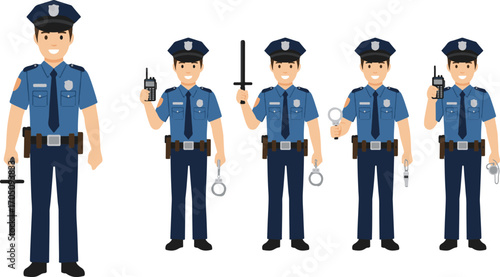 Set of a police officer character in various poses with professional equipment. Law enforcement vector illustration collection