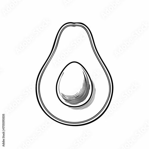 Minimalist black and white line art illustration of a sliced avocado with its seed, an icon for healthy food and vegan lifestyle concepts