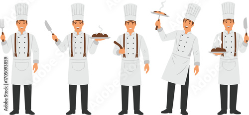 A collection of a professional male chef character in uniform shown in five different poses. Vector illustration set of a cook for culinary concepts. 5
