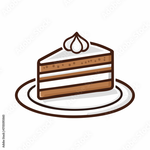 Simple and clean vector icon of a delicious slice of layered cake with a whipped cream topping, a delightful dessert illustration on a plate