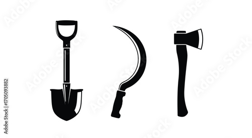 Vector illustration of farming and gardening tools shovel, sickle, axe