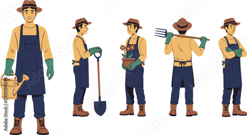 A set of a male gardener character in various poses, holding gardening tools like a shovel and watering can. Flat vector cartoon illustration 10.eps