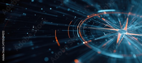 Central compass rose emits energy through layered structures, evoking motion, control, and cybernetic logic.