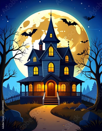 Spooky haunted house at night