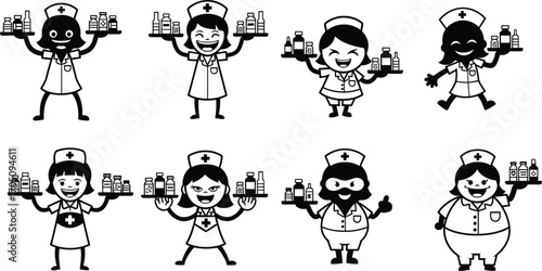 Cute cartoon nurses holding medicine bottles, medical staff illustration, funny healthcare workers, hospital clipart, nurse character set, smiling doctors
