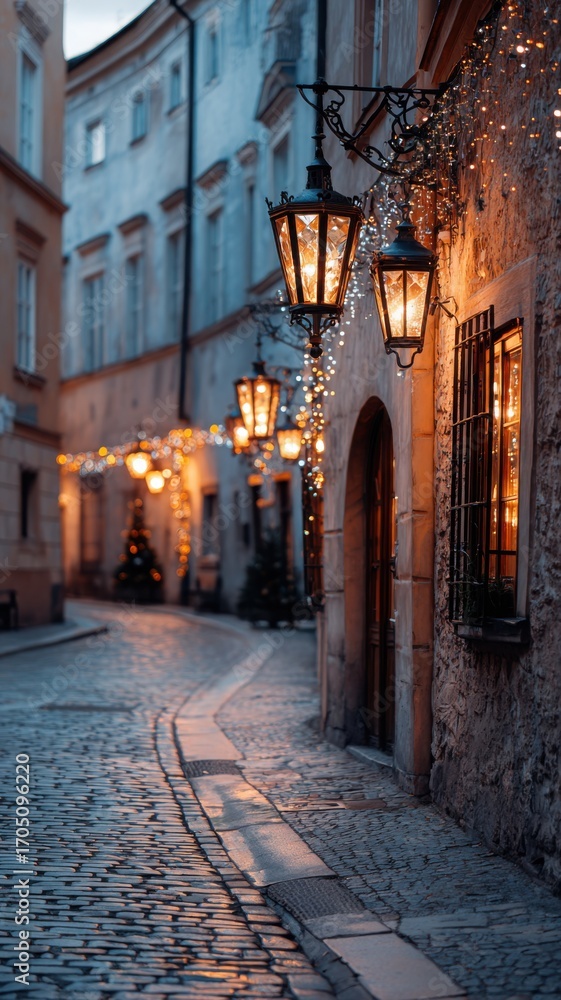 Obraz premium Charming Evening Stroll: Cobblestone Lane with Lantern Glow